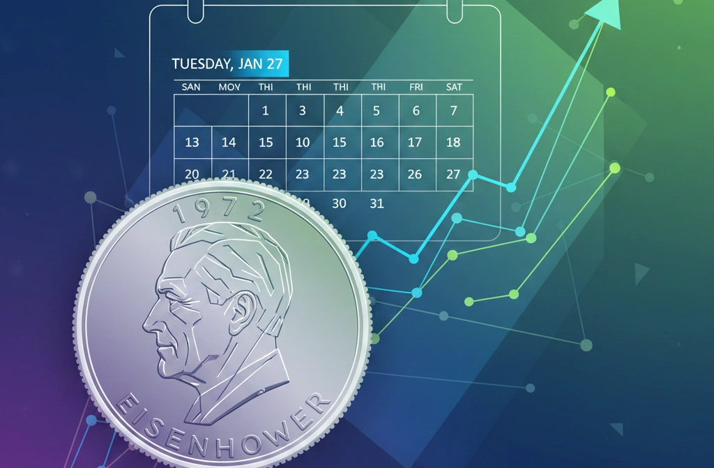 Calendar and market graph behind 1972 Eisenhower coin