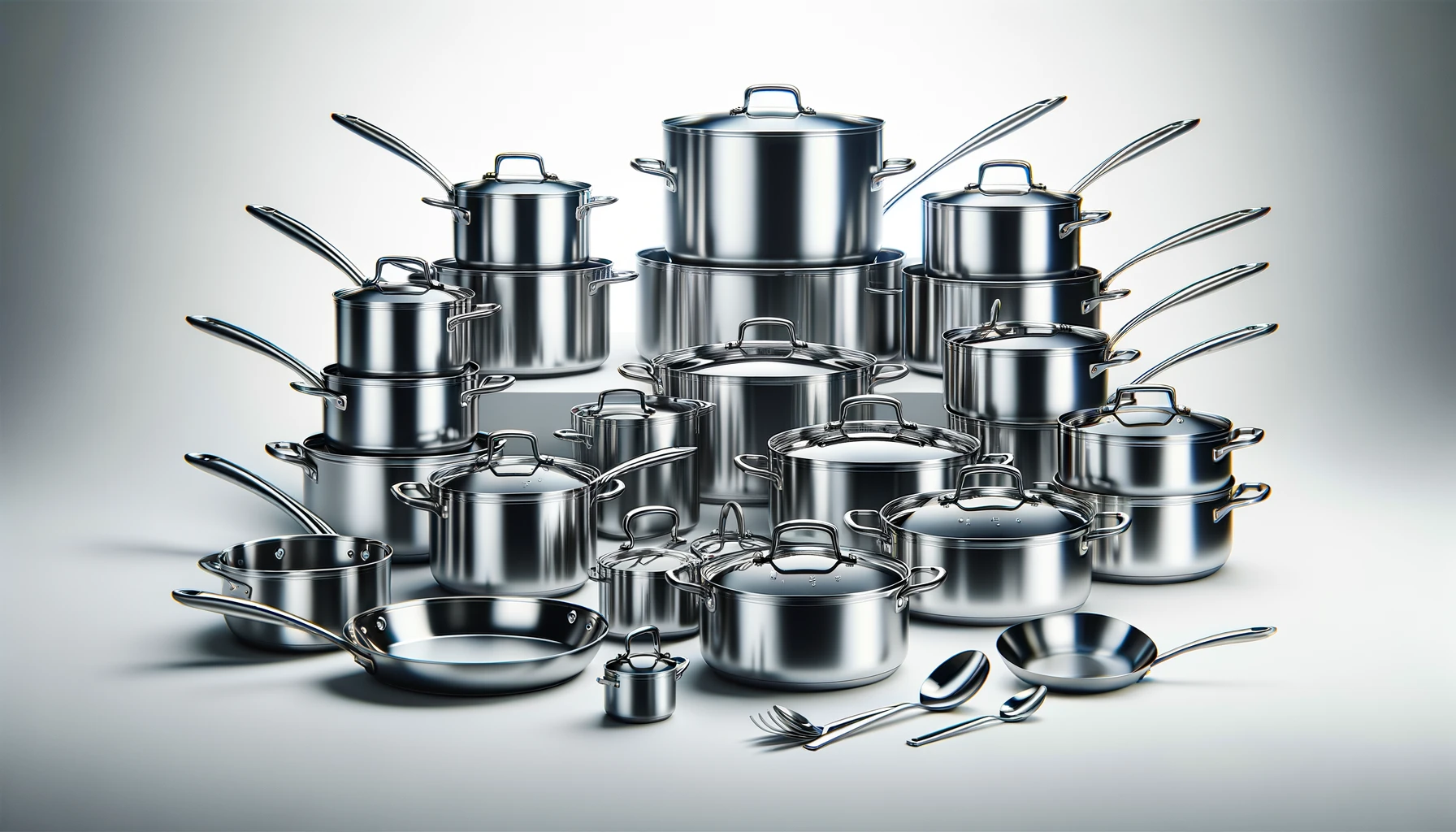 a set of modern stainless steel pots and pans, isolated on a white background