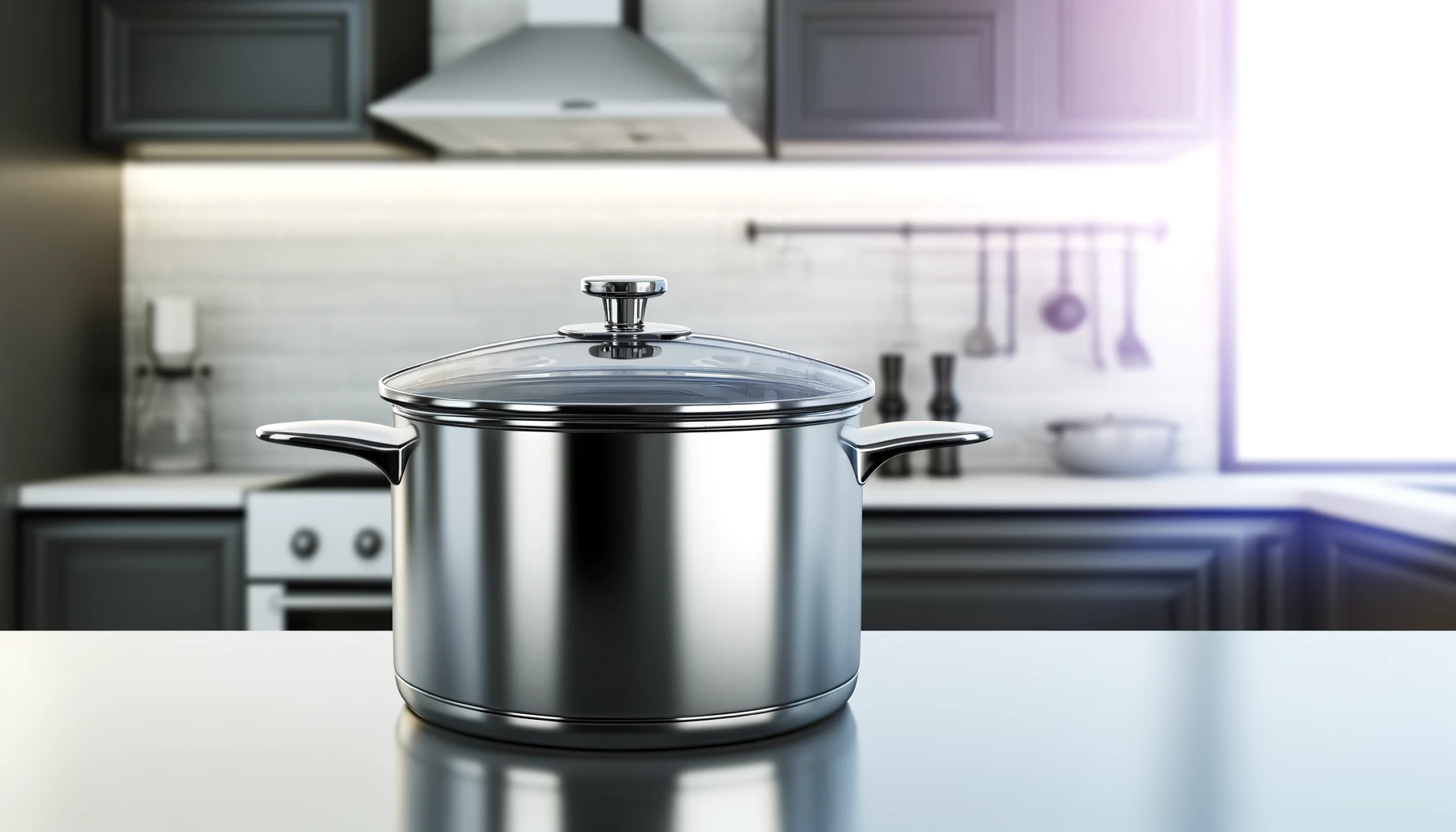 new shiny pot with a glass lid, placed in a kitchen setting