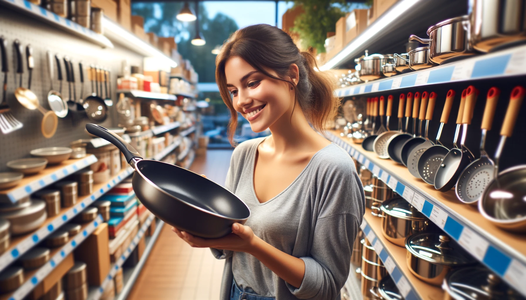 happy woman choosing a new cooking pan while shopping for kitchen utensils at the store