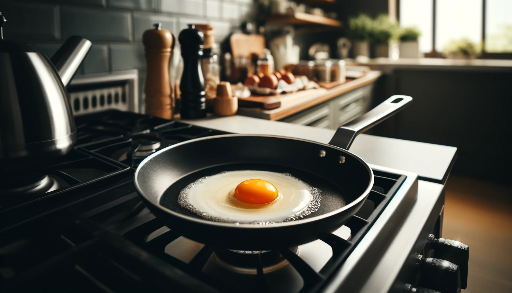 A frying egg in a cooking pan on a domestic kitchen stove