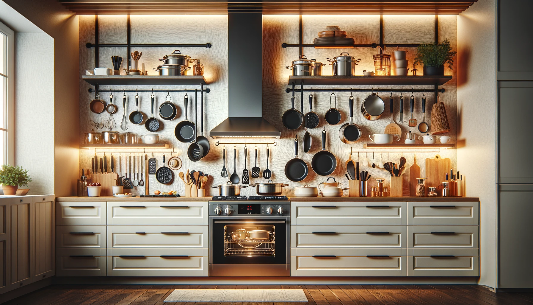 Kitchenware hanging in a cozy modern kitchen above the oven