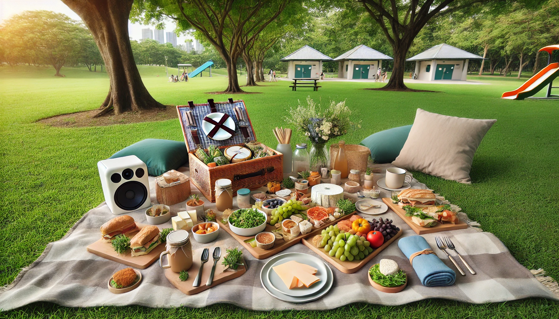 A beautifully arranged picnic setup in a scenic park with all necessary essentials.