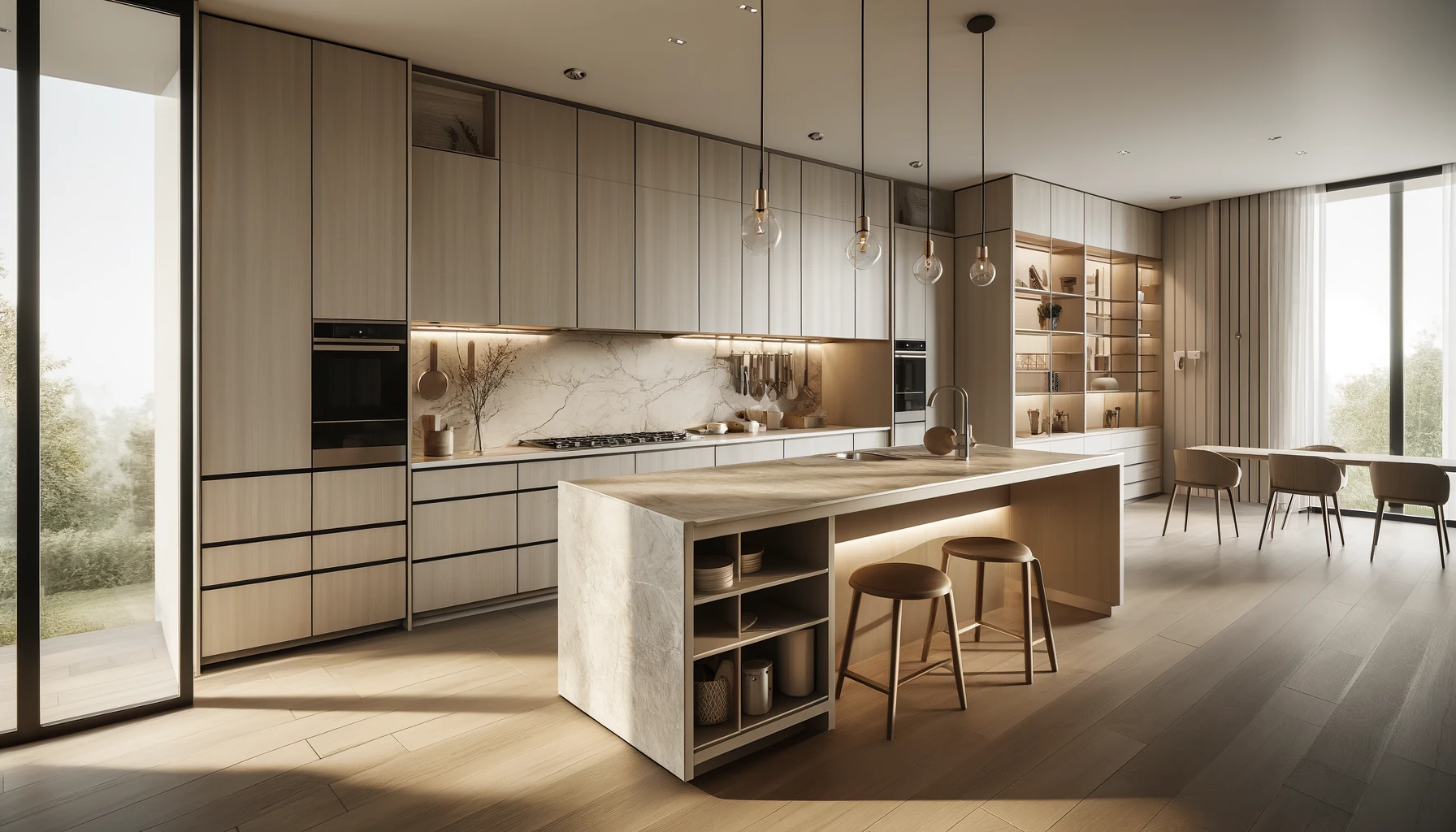 A modern kitchen showcasing design with sleek, flat-front cabinets in a neutral color palette.