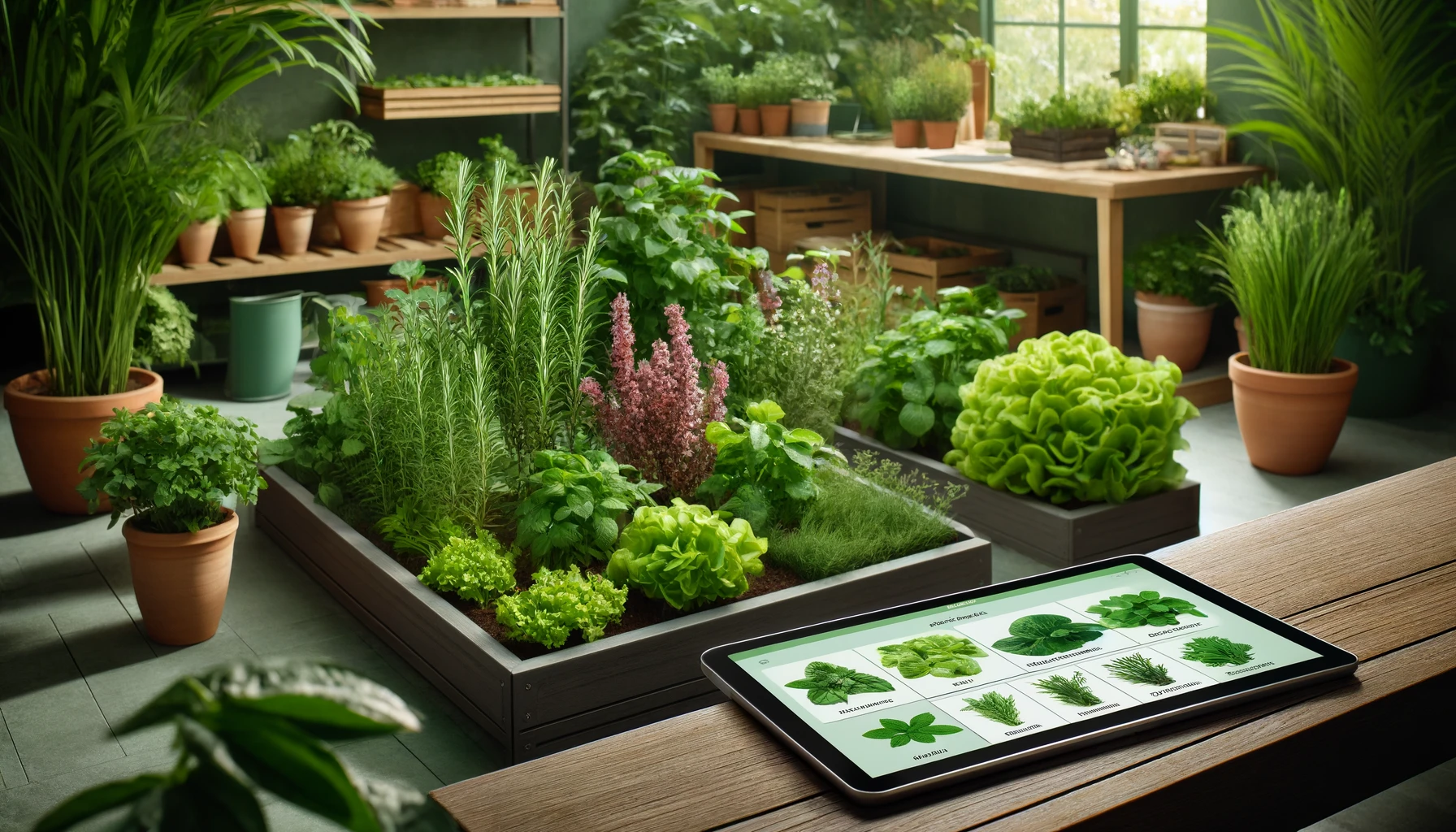A modern kitchen garden with a variety of herbs and vegetables, featuring a tablet displaying a plant identification app. 