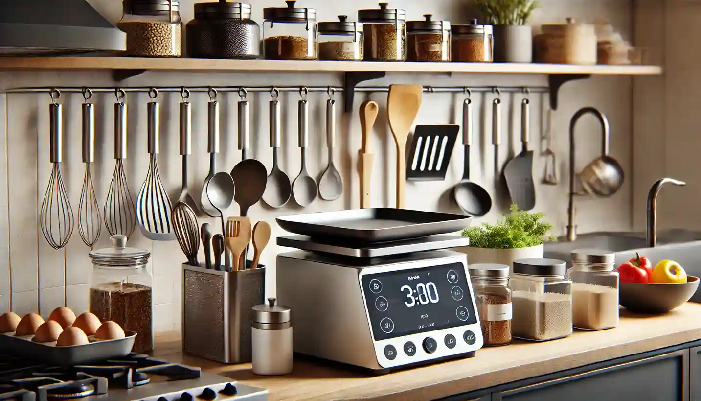a digital scale and a variety of high-quality spatulas and large spoons, essential for precise ingredient measurements and handling meals without damaging cookware.