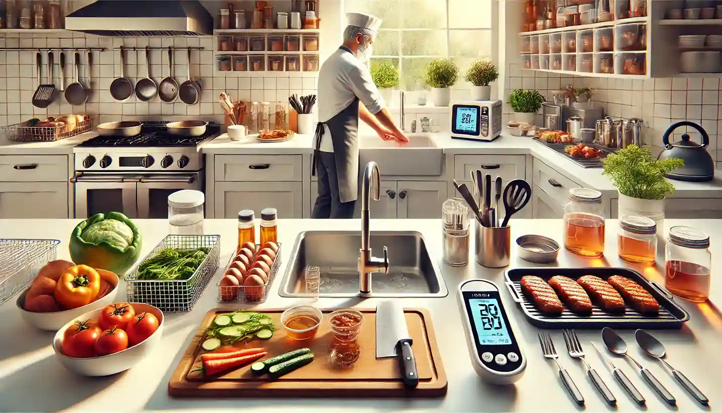 a kitchen scene that showcases various food safety practices during meal preparation.