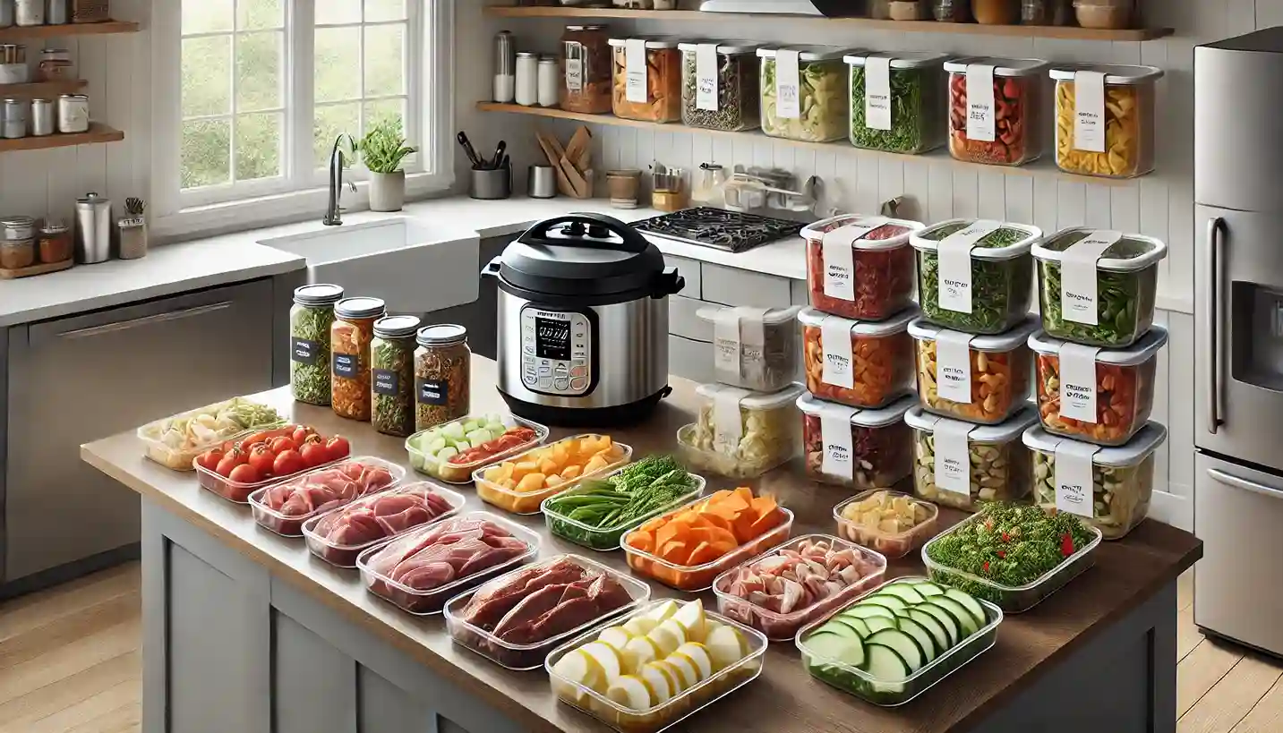 a modern meal prep setup with sliced fruits, marinated meats, and advanced cooking appliances.