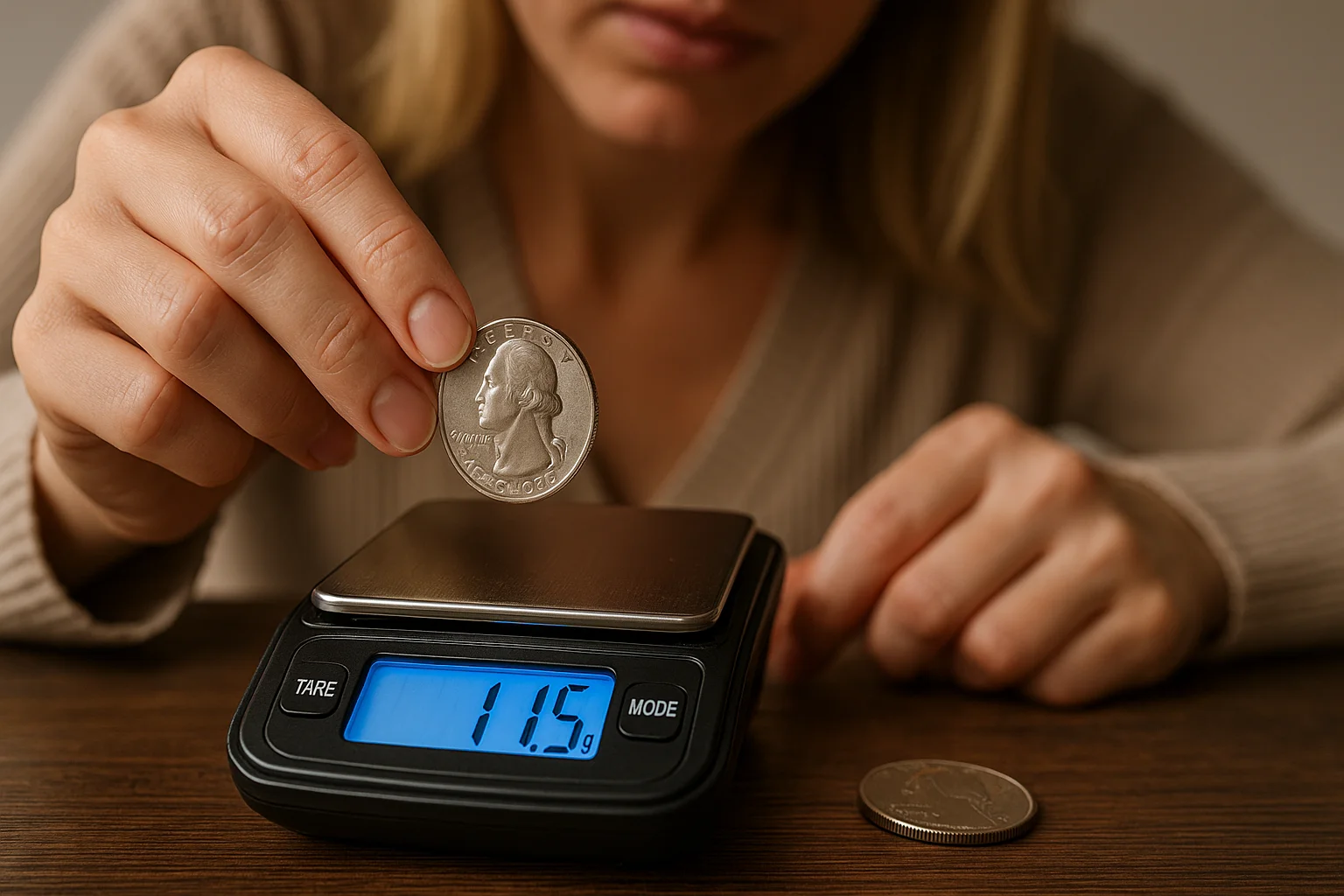 A woman carefully weighs a Bicentennial quarter on a digital scale, showing a reading of 11.5 grams next to a copper-nickel coin for comparison.
