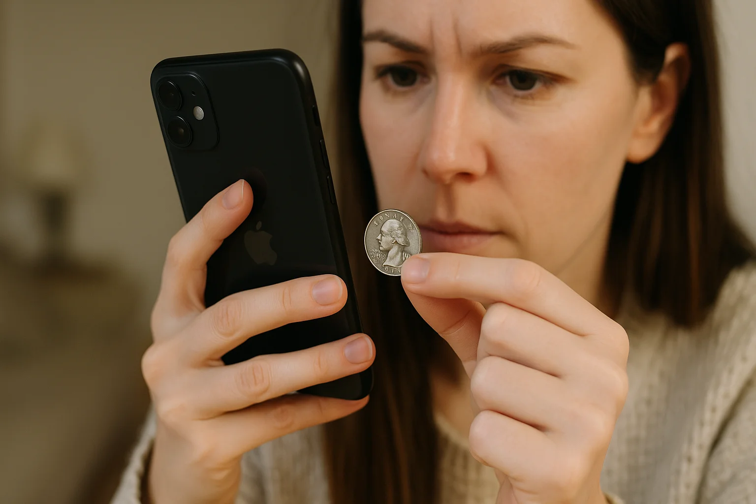A woman closely examines a Bicentennial quarter while photographing it with her smartphone for detailed identification.