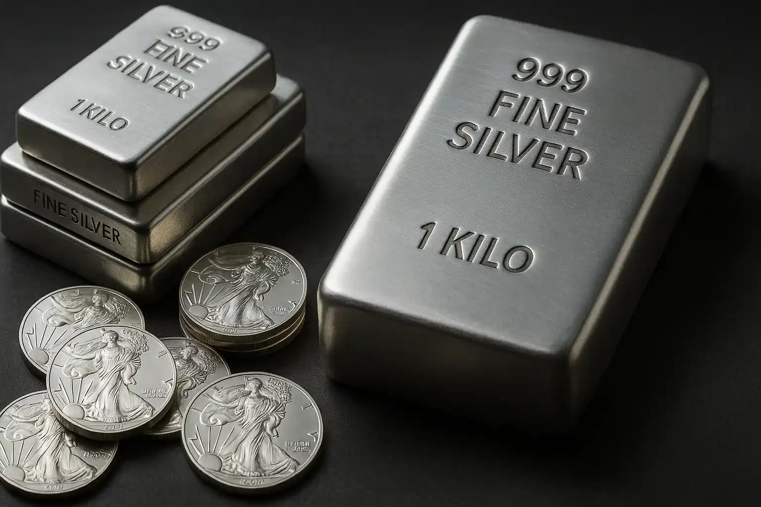 different silver assets including bars and coins
