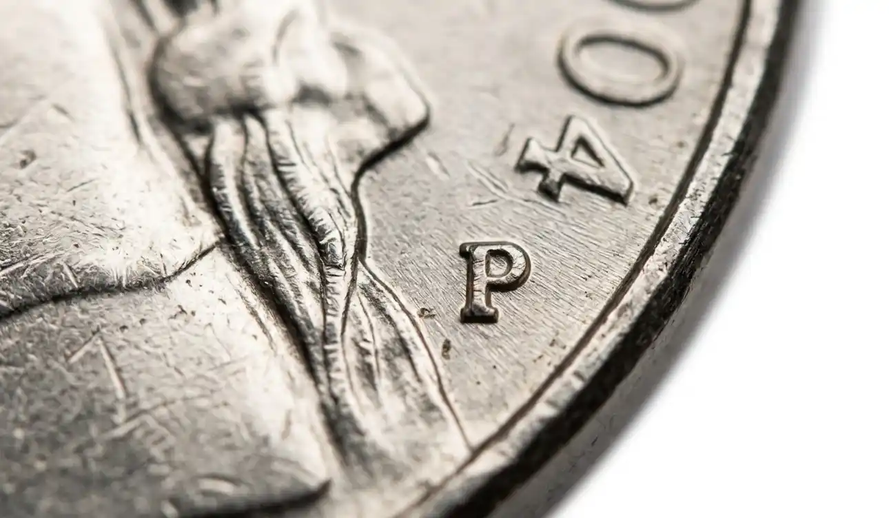 Extreme close-up of 2004 nickel mint mark